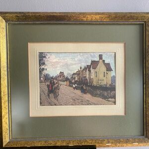 Vintage Framed print of a rural village scene by Camille Pissarro.